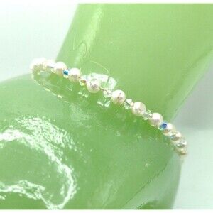 Elegant Faux Pearl & Aurora Borealis AB Bead Bracelet 925 Sterling Clasp 8-8.75"